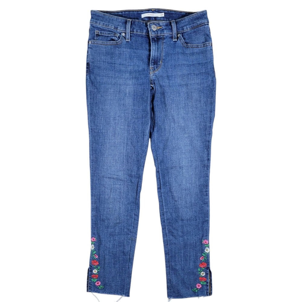 Levi's 711‎ Jeans Womens 25 Blue Denim Skinny Ankle Embroidered Floral Stretch